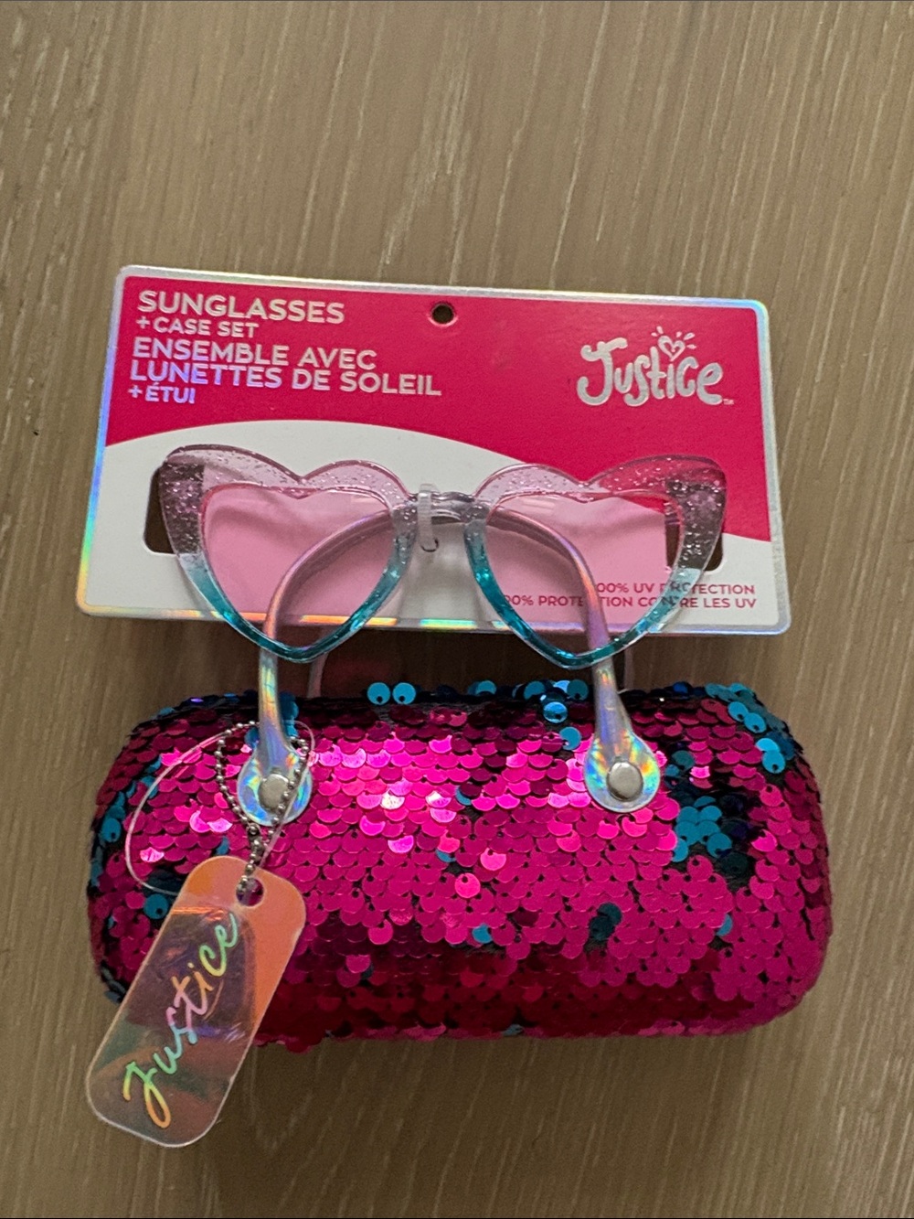 Justice Pink Heart Sunglasses with Teal Accents and Sequin Case